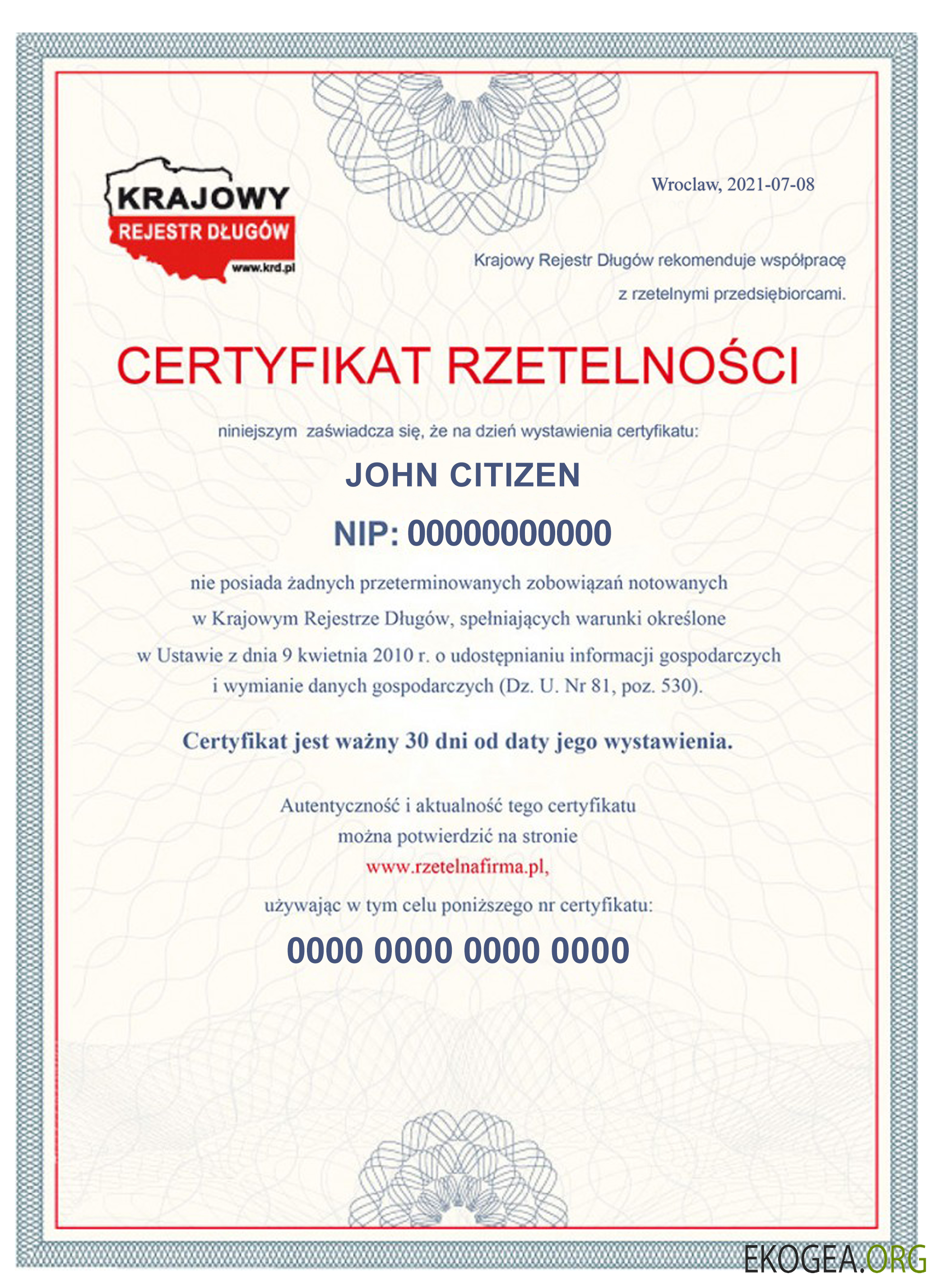 Certificat d'activité POLOGNE